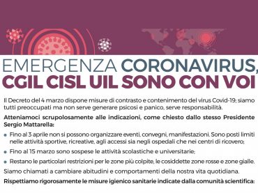 Emergenza Coronavirus, Cgil Cisl Uil sono con voi