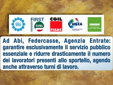 Coronavirus, sindacati a Abi Federcasse AdeR, ridurre lavoratori allo sportello