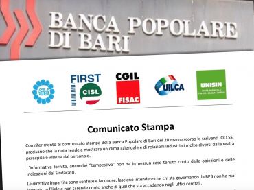 PopBari, i sindacati, ignorati gli sforzi dei lavoratori, prima la salute