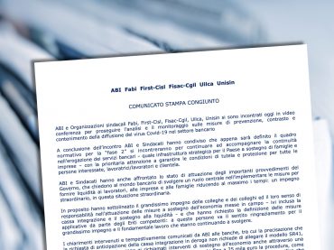 Coronavirus, comunicato congiunto Abi sindacati a seguito dell’incontro odierno