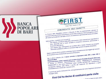 Popolare di Bari, First Cisl si costituisce parte civile nel processo