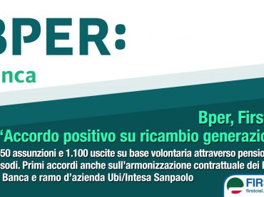 Bper, First Cisl, accordo positivo su ricambio generazionale