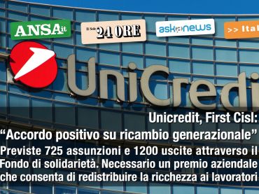 First Cisl su intesa in Unicredit, accordo favorevole, avviata nuova fase relazioni condivise e strategiche