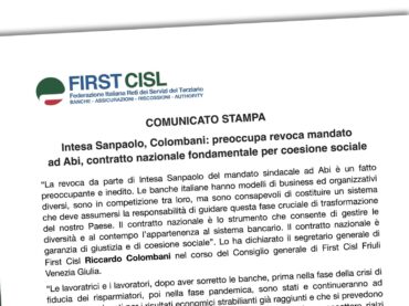 Intesa Sanpaolo, Colombani: preoccupa revoca mandato ad Abi, contratto nazionale fondamentale per coesione sociale
