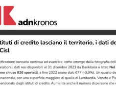 Dati First Cisl su AdnKronos, chiudono banche, negozi, edicole. Colombani, nei comuni è allarme sociale