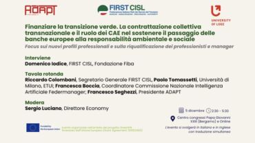 Banche e sostenibilità: attenzione a lavoro, territori, ruolo sociale del credito. La tavola rotonda First Cisl
