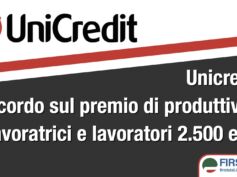 Unicredit, First Cisl: accordo sul premio di produttività, ai lavoratori 2.500 euro 