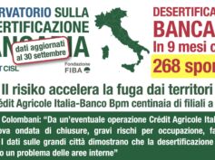 Desertificazione bancaria, chiusi 268 sportelli nei primi nove mesi dell’anno. Il risiko accelera la fuga dai territori. Con Crédit Agricole-Bpm centinaia di filiali a rischio