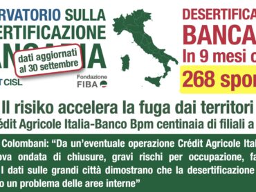 Desertificazione bancaria, chiusi 268 sportelli nei primi nove mesi dell’anno. Il risiko accelera la fuga dai territori. Con Crédit Agricole-Bpm centinaia di filiali a rischio
