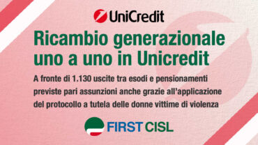 Unicredit, First Cisl: ricambio generazionale uno a uno
